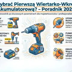 Ilustracja przedstawia wiertarko-wkrętarkę akumulatorową z ikonami opisującymi jej parametry: napięcie, moment obrotowy, akumulator, uchwyt, funkcje i ergonomię.