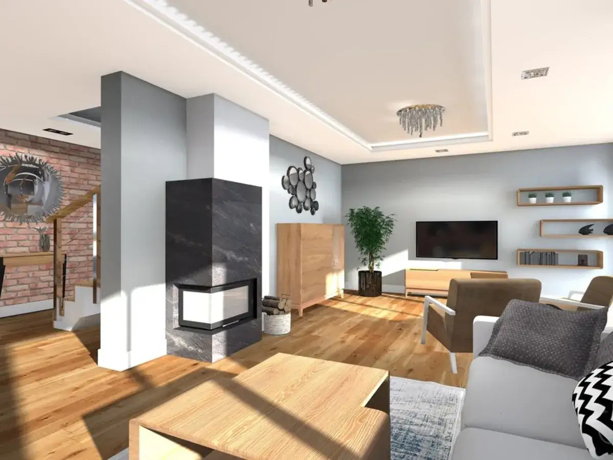 Nowoczesny salon z kominkiem, drewnianą podłogą i meblami.